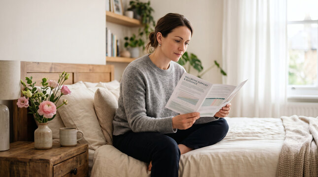 Woman sitting cross-legged on a cozy bed in a bright bedroom reading a magazine with indoor plants and wooden furniture surrounding