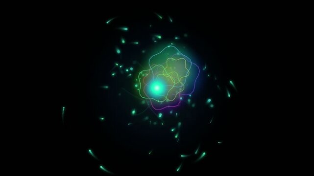 Abstract Glowing Atom Nucleus with Orbiting Particles Motion Background