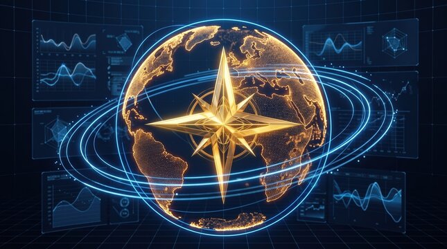 Golden compass star glowing world globe hologram, blue digital data dashboards charts background, futuristic 3d render. Global strategy navigation technology theme