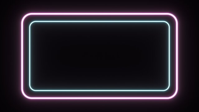Pink and cyan neon rectangle frame glowing on black background, overlay for text banner and sign design