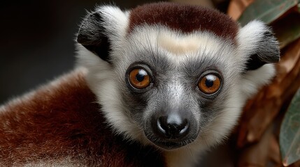 Fototapeta premium Close-up of a captivating lemur staring forward, with its distinctive brown eyes and black and white fur, offering a glimpse into the fascinating world of wildlife