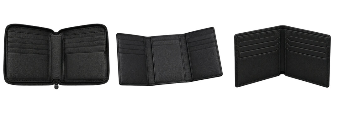 Three black leather mens wallets open empty bifold trifold zipper card slots isolated on transparent background