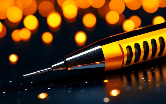 Close-up shot of a stylish orange and black pen against a bokeh background of warm, blurry lights