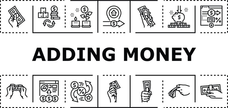 Adding money banner infographic. Revenue account, savings payment, allowance topup icon vector illustration