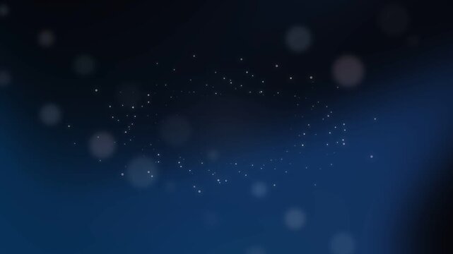Elegant dark blue abstract background featuring glowing white particles forming a central ring, surrounded by soft floating bokeh circles with a slow magical transition, loopable motion graphic