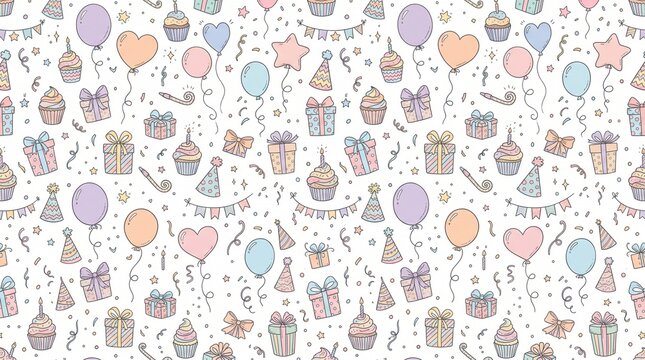 Pastel hand drawn birthday seamless pattern with balloon bunches, gifts, and cupcakes