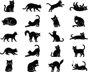 Obraz premium Black Cat Silhouettes Poses Set Domestic Pet Animal Vector Graphics Art