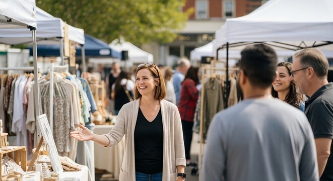 Smiling woman store owner welcoming a customer at an outdoor apparel market on a sunny day