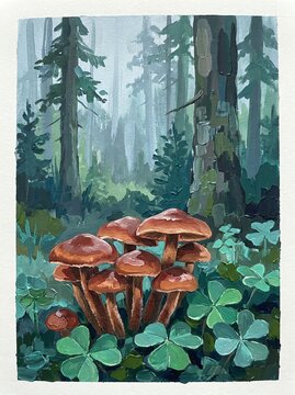Forest Painting with Fungi and Trees Symbolizing Nature, Arts, Design, Illustration