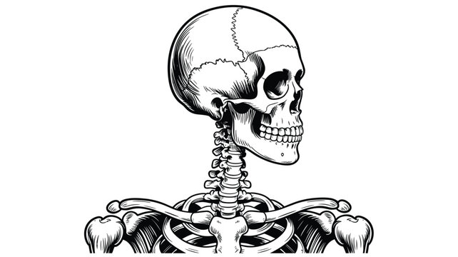 A detailed black and white of a human skull and upper spine, isolated on white bone
