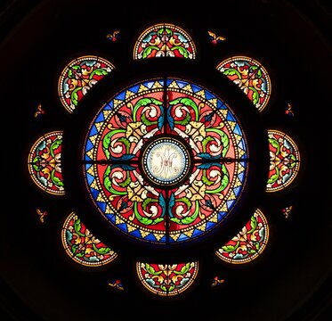 Colorful ornamental stained glass rose window