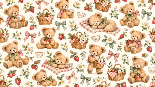 Seamless pattern featuring cute teddy bears with picnic baskets and strawberries on a white background
