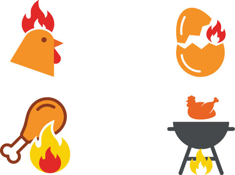 Spicy grilled chicken wings and bbq poultry food icons set