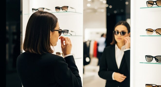 Woman browsing designer sunglasses selection in a modern retail store, trying on stylish eyewear