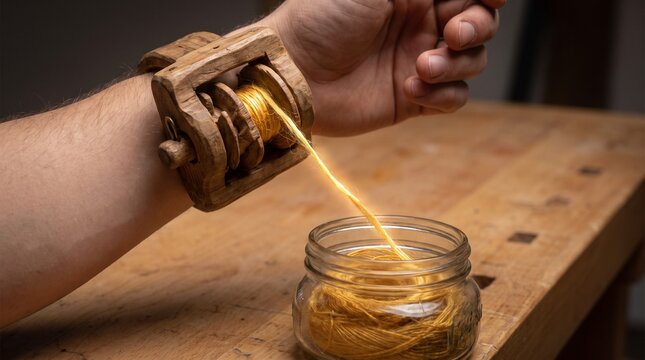 Person wearing a wooden wrist spool device winding golden thread from a glass jar on a workbench