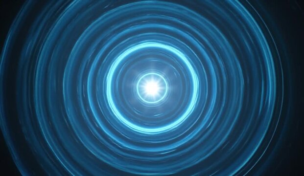 Abstract animation featuring a mesmerizing arrangement of luminous blue concentric circles continuously expanding and contracting around a brilliant glowing white point