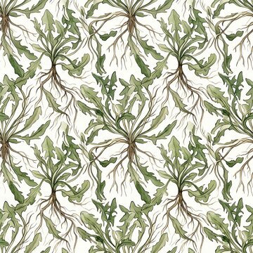 Seamless Dandelion Roots Pattern with Green Leaves Symbolizing Nature