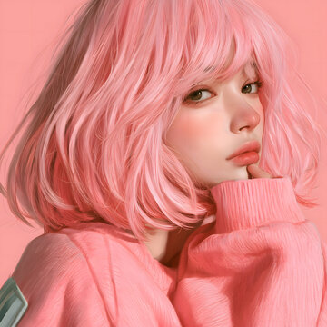 Woman model portrait wearing pink wig sweater showing calm pensive expression against pastel background with modern aesthetic art style