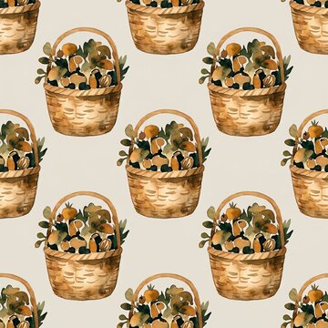 Seamless Pattern of Woven Baskets Filled with Mushrooms and Foliage Symbolizing Autumn Harvest
