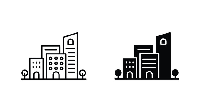 City skyline architecture vector icon set featuring skyscrapers and trees in outline and solid
