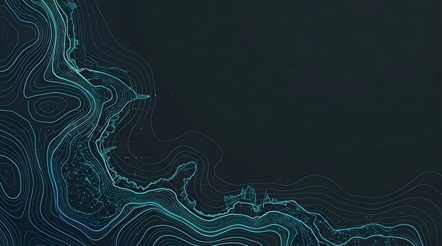 Abstract topographic map contour lines background in cyan and dark blue.