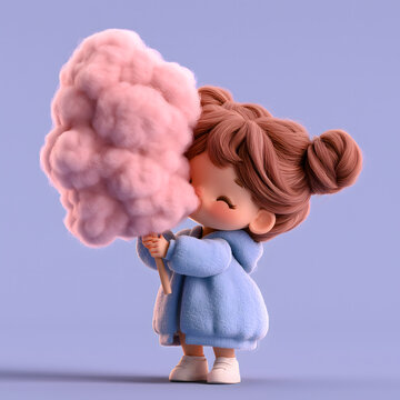 Cute chubby cartoon girl in claymation style holding giant pink cotton candy, feeling happy and cheerful with joyful smile expression
