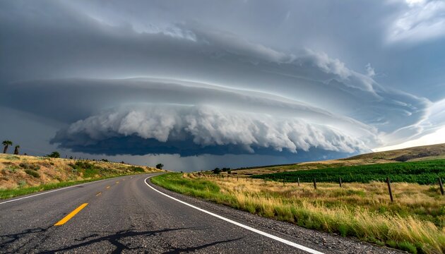 Dramatic storm cloud formation over rural open road with rolling hills and grass fields