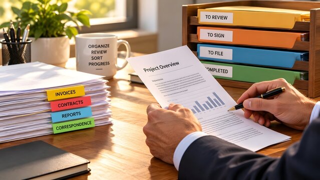 Hands holding project overview document near organized desk trays and labeled file folders showing business workflow progression