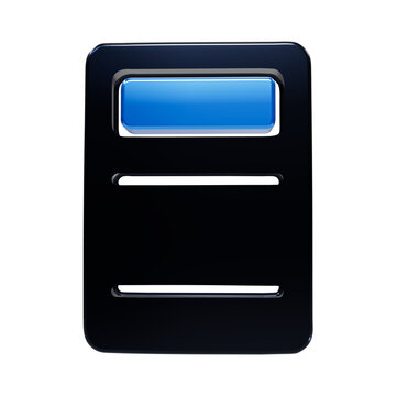A rectangular 3d with rounded corners, featuring a glossy black frame and a bright blue horizontal button isolated on a black background, user interface or web navigation