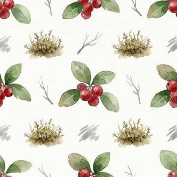 Watercolor Berries with Leaves Symbolizing Nature Pattern, botanical background art