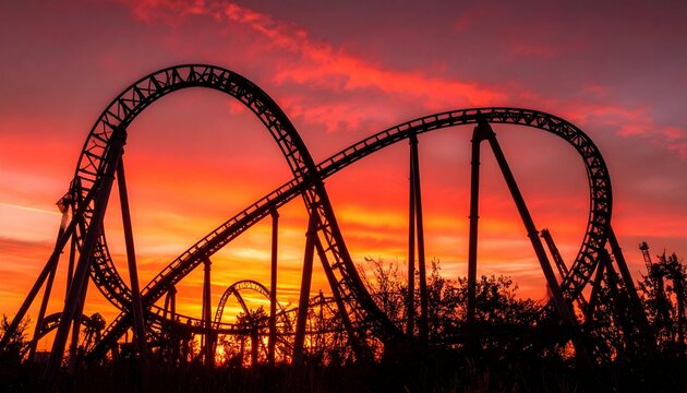 Thrilling roller coaster silhouette at sunset with colorful sky in amusement park