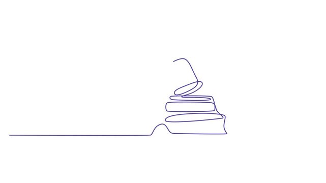 Continuous single line drawing of a wooden judge gavel and an open law book 4k video