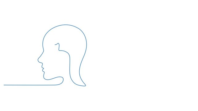 Continuous single line drawing of a human head with a puzzle piece inside brain 4k video