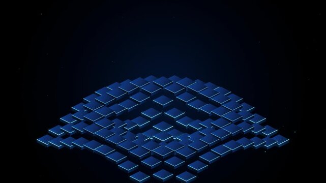 Dark Blue Isometric Pyramid Made of Glowing Cubes Rotating in Seamless Motion Graphic Background