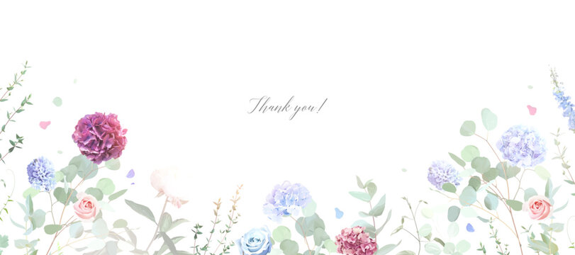 Dusty blue hydrangea, rose, hyacinth, eucalyptus vector frame. Hand painted branches, rose, hydrangea white background. Greenery wedding invitation. Watercolor card. Elements are isolated and editable