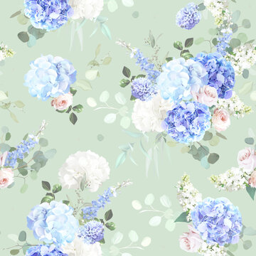 Bridgerton inspired pastel floral vector design pattern. Blue delphinium, white peony, pink rose, magnolia, hyacinth, hydrangea, greenery and plants. All flowers and branches are isolated and movable.