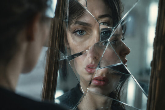 Shattered mirror reflecting fragmented facial features with soft window lighting.