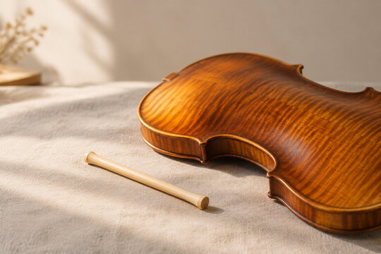 Violin back plate and soundpost on linen, classical music craftsmanship concept