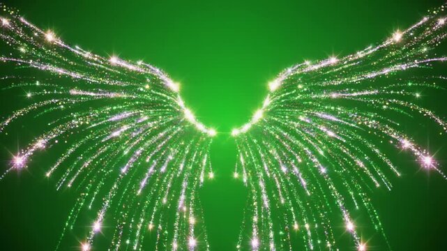 Glowing particle angel wings animation forming on a solid green background