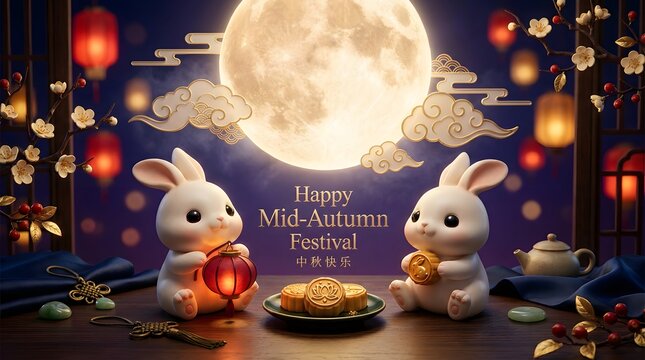 Two rabbit figurines celebrate the mid autumn festival with moon and lanterns