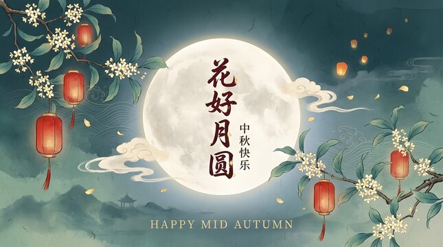 Floral ornament with lanterns and moon depicts a mid autumn festival scene