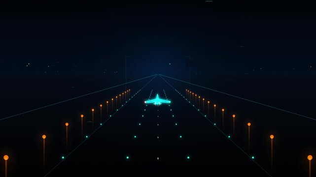 Futuristic Neon Airplane Taking Off On A Dark Runway With Glowing Lights In A Cyberpunk Setting