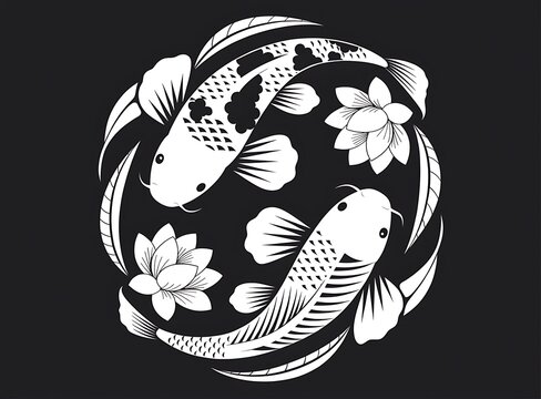 Koi fish and lotus flowers artistic black and white design