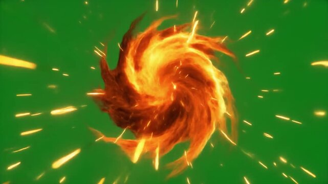 Fiery orange vortex swirling with glowing sparks isolated on a green screen background