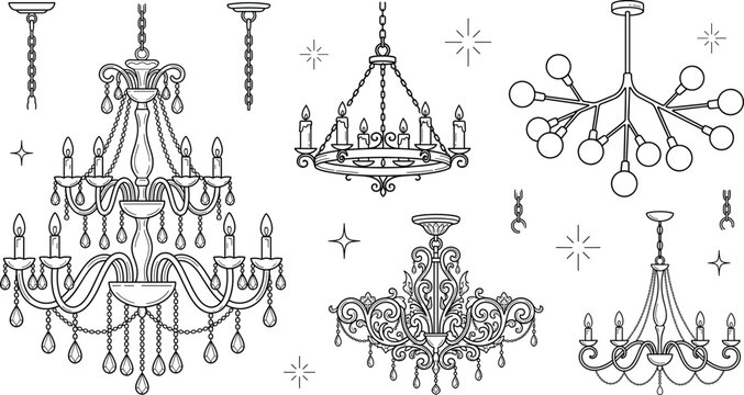 Chandelier lighting fixtures vector outline set with classic crystal lamps mid century modern sputnik and vintage candle chandeliers