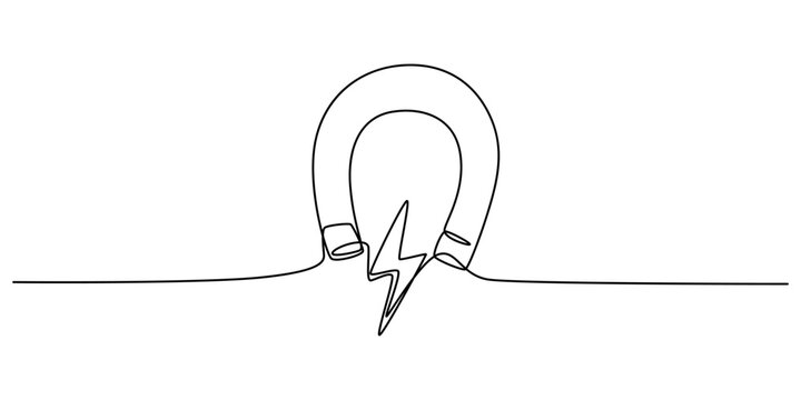 Continuous single line drawing of a horseshoe magnet with a lightning bolt