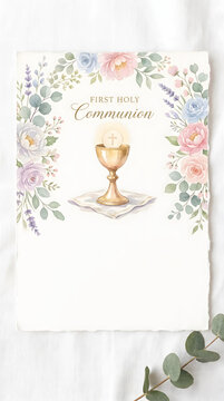 First holy communion invitation card watercolor design template