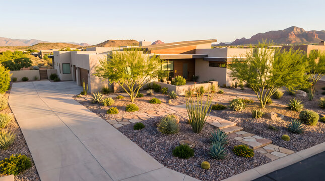 Arizona front yard of modern house in desert landscape with cacti and mountains during golden hour sunset view