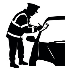 Obraz premium Traffic officer writing ticket silhouette during day with car and reflective vest for law enforcement concept