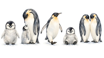 Obraz premium Watercolor emperor penguin family collection isolated on a white background for creative design